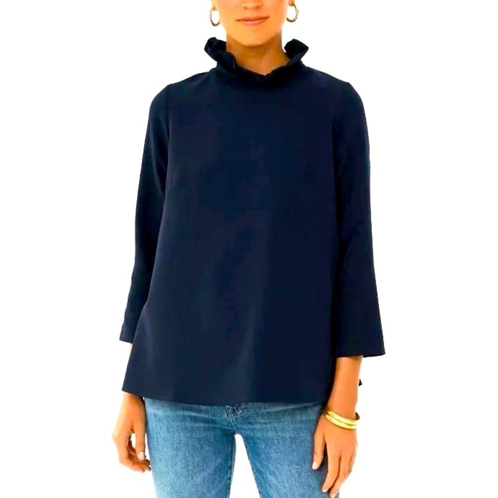 Tuckernuck NEW Navy Faye Preppy Bow Ruffle Collar 3/4 Sleeve Blouse Size L